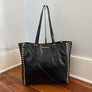 MIU MIU Black Leather Gold Pyramid Studded Large Tote Bag Authentic Crossbody
